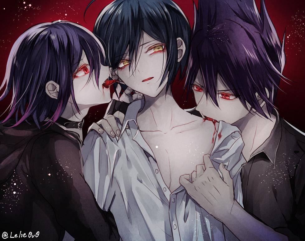 3boys artist_name biting black_collar black_shirt blood collar collarbone commentary_request dangan_ronpa eyebrows_visible_through_hair fangs from_side hair_between_eyes hand_on_shoulder long_sleeves male_focus medium_hair momota_kaito multiple_boys new_dangan_ronpa_v3 open_clothes open_shirt ouma_kokichi purple_hair red_background red_eyes saihara_shuuichi shirt short_hair tongue tongue_out twitter_username vampire white_shirt yaoi yellow_eyes z-epto_(chat-noir86)