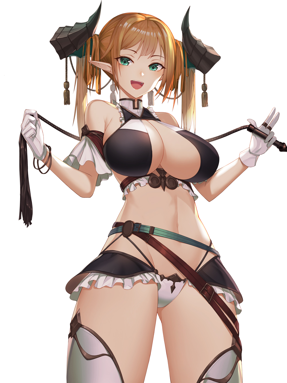 1girl :d bangle bangs belt bikini blonde_hair blush bracelet breasts btraphen commentary_request cowboy_shot detached_sleeves dragon_horns frills gloves gluteal_fold green_eyes groin highres holding horns jewelry large_breasts long_hair looking_at_viewer monster_girl multiple_rings multiple_straps navel open_mouth original pointy_ears revealing_clothes sidelocks simple_background smile solo stomach swimsuit tassel thigh-highs thighs white_background white_gloves white_legwear