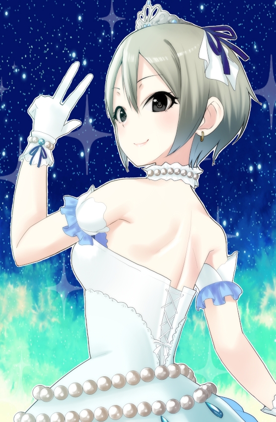 1girl arm_strap black_eyes blue_ribbon diadem dress from_behind ginnote gloves hair_between_eyes hair_ribbon idolmaster idolmaster_cinderella_girls ribbon shiny shiny_hair shiomi_shuuko short_hair shoulder_blades silver_hair sleeveless sleeveless_dress solo upper_body w white_dress white_gloves white_ribbon