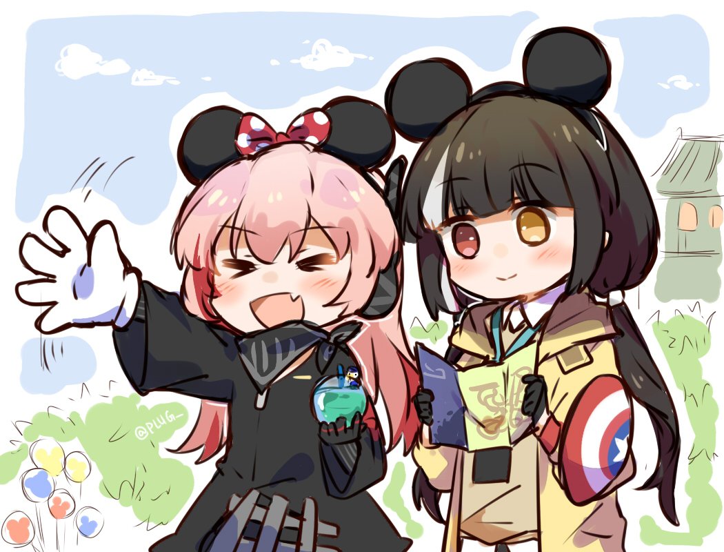 2girls amusement_park captain_america captain_america_(cosplay) cosplay cup disney disneyland drinking_straw girls_frontline gloves jacket m4_sopmod_ii_(girls_frontline) marvel mickey_mouse_ears multiple_girls plug_(feng-yushu) ro635_(girls_frontline) shield white_gloves