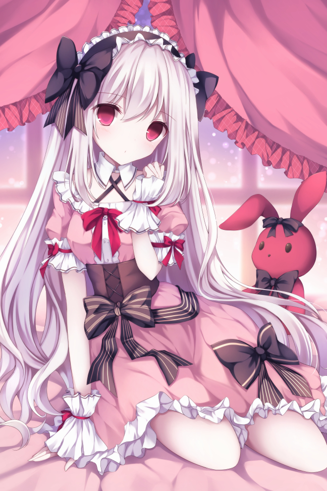 1girl animal_ears black_bow bow breasts commentary_request curtains dress eyebrows_visible_through_hair frills hair_between_eyes hair_bow hair_ornament headdress kurimu_mashiro long_hair looking_at_viewer no_nose original pink_dress puffy_short_sleeves puffy_sleeves rabbit_ears red_bow red_eyes short_sleeves sitting small_breasts solo stuffed_animal stuffed_bunny stuffed_toy white_hair window wrist_cuffs