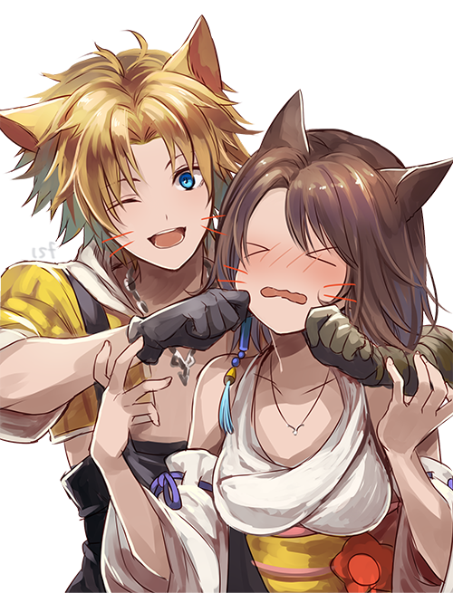 &gt;&lt; 1boy 1girl blonde_hair blue_eyes brown_hair commentary_request detached_sleeves final_fantasy final_fantasy_x japanese_clothes jewelry necklace sasanomesi short_hair simple_background tidus white_background yuna