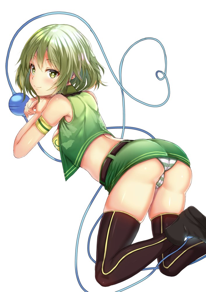 1girl alternate_costume armband ass bangs bare_arms bare_shoulders belt black_belt black_footwear black_legwear breasts commentary_request crop_top ebi_193 eyebrows_visible_through_hair feet_out_of_frame green_eyes green_hair green_panties green_skirt green_vest heart heart_of_string komeiji_koishi looking_at_viewer looking_back medium_breasts midriff miniskirt no_hat no_headwear panties pencil_skirt shoes short_hair simple_background skindentation skirt skirt_lift smile solo striped striped_panties thigh-highs thighs third_eye touhou underwear vest white_background