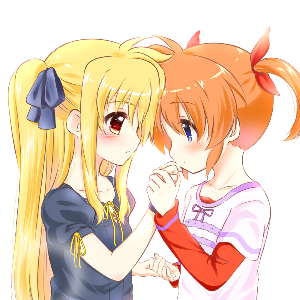 black_ribbon blonde_hair blue_eyes blush collarbone couple eye_contact fate_testarossa hair_ornament hair_ribbon hand_kiss happy holding_hands kerorokjy kiss long_hair looking_at_another lyrical_nanoha mahou_shoujo_lyrical_nanoha mahou_shoujo_lyrical_nanoha_a's neck open_mouth orange_hair red_eyes red_ribbon ribbon short_hair short_twintails simple_background smile surprised takamachi_nanoha twintails very_long_hair white_background yuri