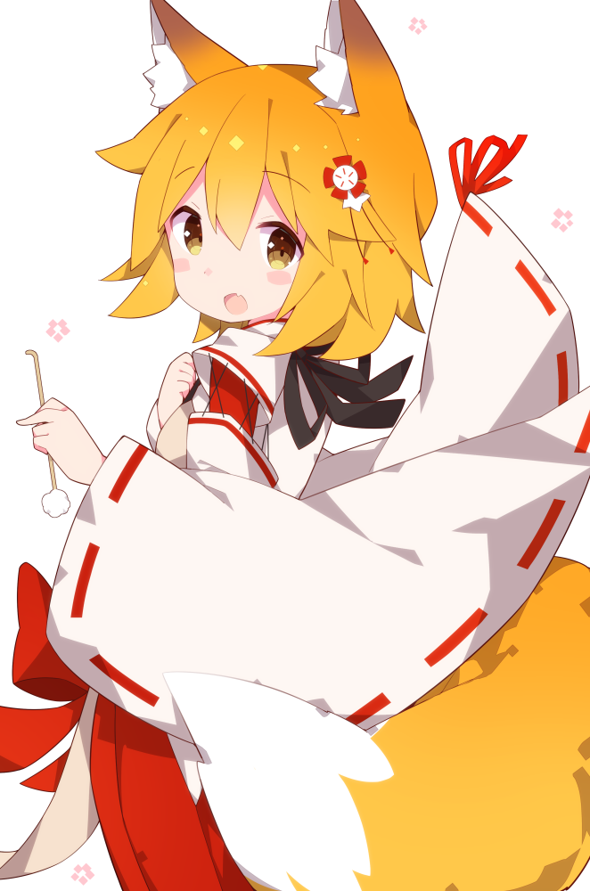 1girl :d animal_ear_fluff animal_ears blonde_hair commentary_request eyebrows_visible_through_hair flower fox_ears fox_girl fox_tail from_side hair_between_eyes hair_flower hair_ornament holding_mimikaki japanese_clothes looking_at_viewer miko mimikaki open_mouth ribbon_trim senko_(sewayaki_kitsune_no_senko-san) sewayaki_kitsune_no_senko-san simple_background smile solo tail watanon_(gakushokutei) white_background wide_sleeves yellow_eyes