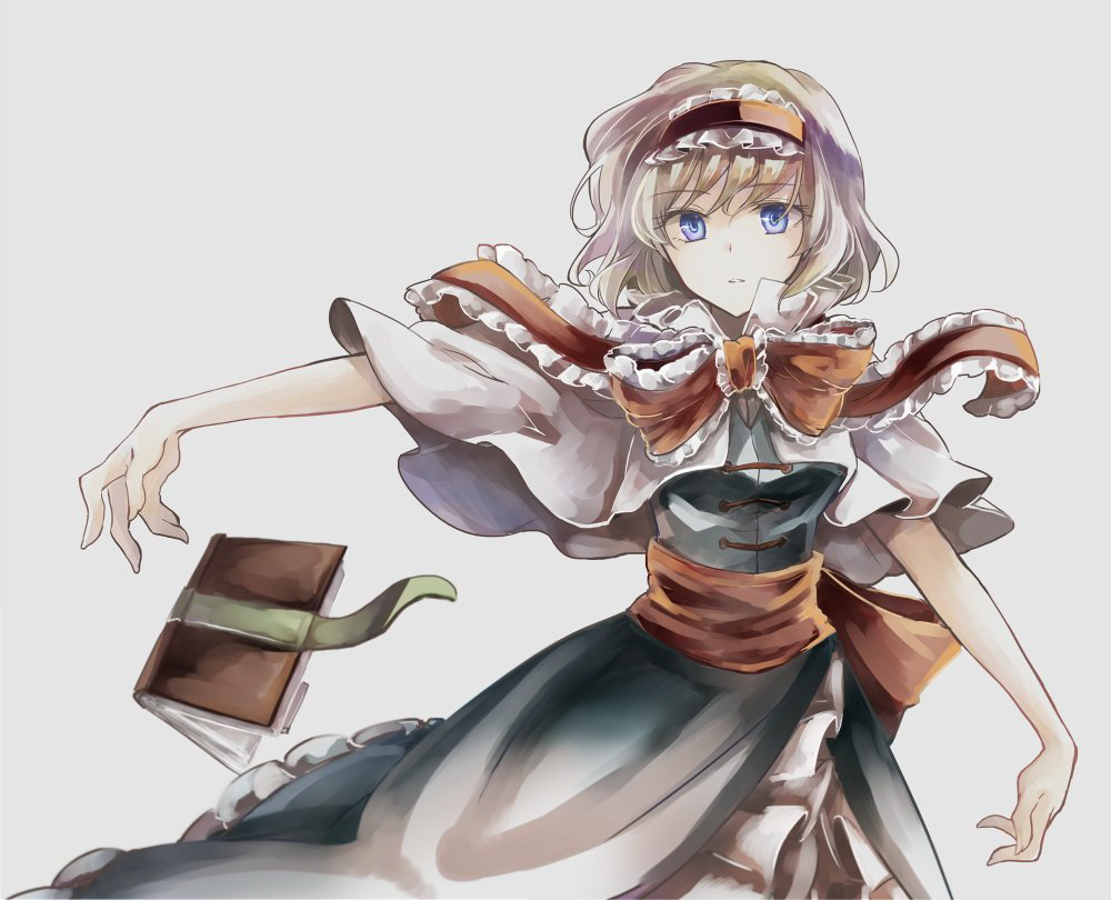 1girl alice_margatroid apron arm_up blonde_hair blue_dress blue_eyes book bow dress eyebrows_visible_through_hair falling frilled_apron frilled_bow frilled_dress frilled_hairband frills grey_background grimoire grimoire_of_alice hair_between_eyes hairband lolita_hairband looking_at_viewer mitsunara neckwear outstretched_arm red_bow red_hairband red_neckwear red_sash sash short_hair simple_background solo touhou