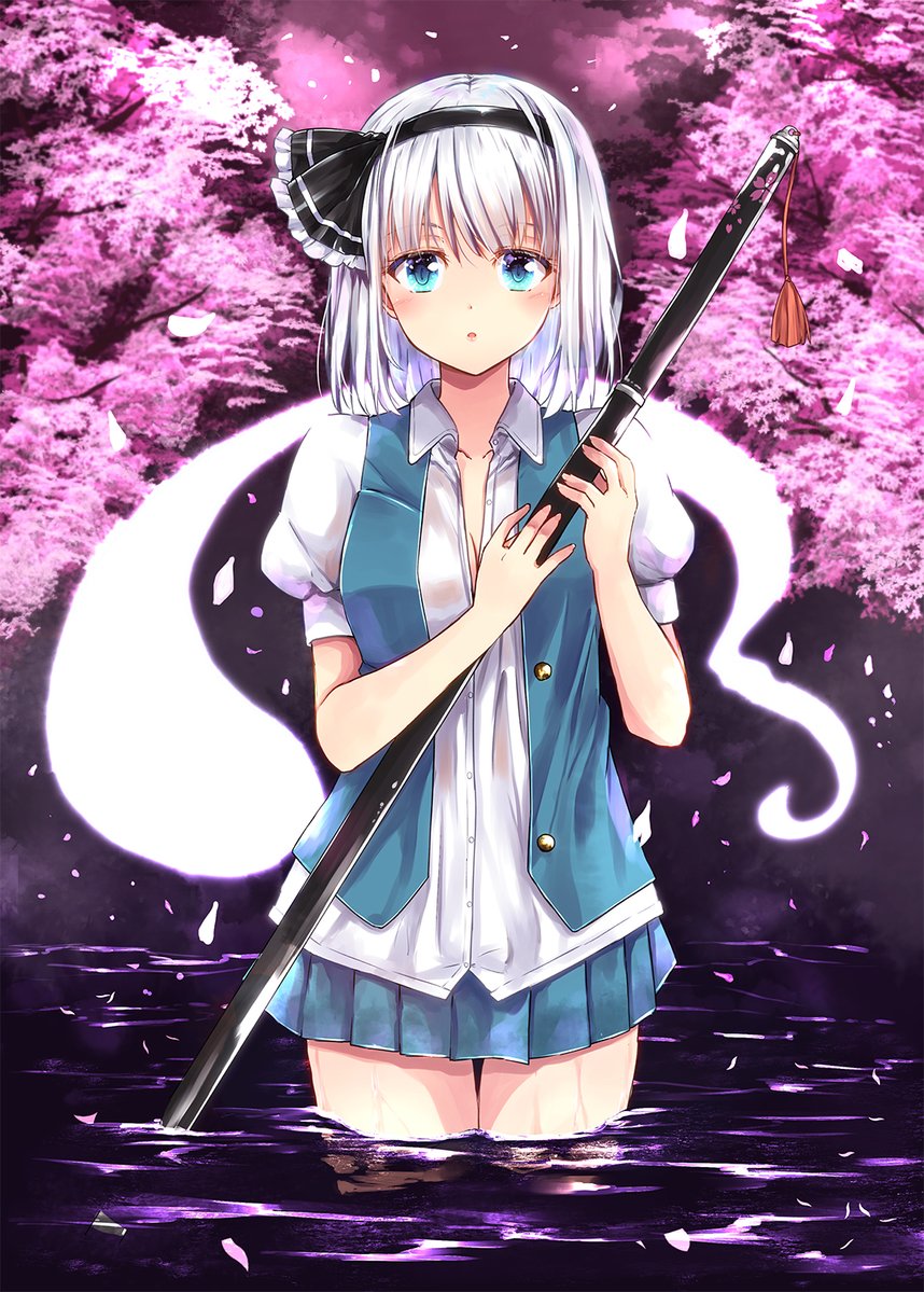 1girl bark blush cherry_blossoms fule ghost green_eyes green_skirt head_band katana konpaku_youmu miniskirt outdoor petals reflection sakura_tree scabbard short_hair skirt sword touhou vest wading_on_water water wet white_hair