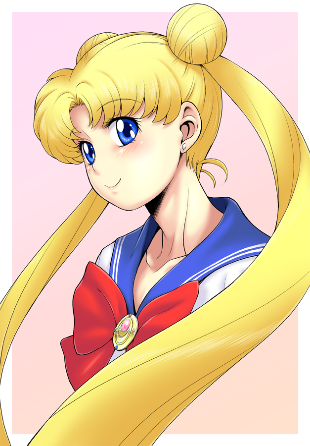 1girl bangs bishoujo_senshi_sailor_moon blonde_hair blue_eyes blue_sailor_collar blush border bow bowtie brooch closed_mouth collarbone commentary_request cropped_shoulders double_bun earrings eyebrows_visible_through_hair jewelry juuban_middle_school_uniform kouda_tomohiro long_hair looking_at_viewer parted_bangs pink_background red_bow red_neckwear sailor_collar school_uniform serafuku smile solo stud_earrings tsukino_usagi twintails very_long_hair white_border