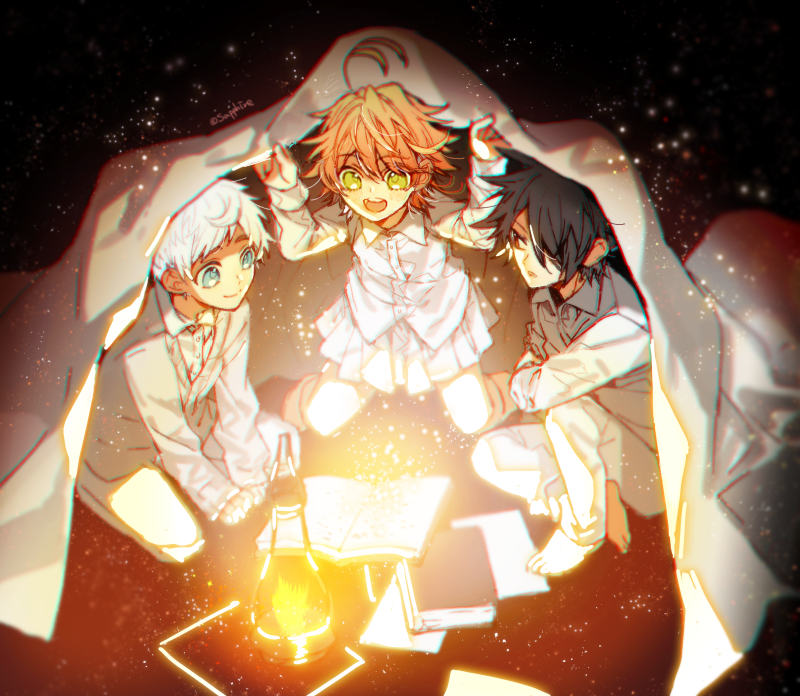 1girl 2boys :p ahoge artist_name barefoot bed_sheet black_hair blue_eyes book brown_eyes emma_(yakusoku_no_neverland) green_eyes hair_over_one_eye lamp lantern long_sleeves multiple_boys night norman_(yakusoku_no_neverland) oil_lamp open_mouth orange_hair paper ray_(yakusoku_no_neverland) sapphire_4825 shirt short_hair sitting skirt smile together tongue tongue_out under_covers white_hair white_shirt yakusoku_no_neverland