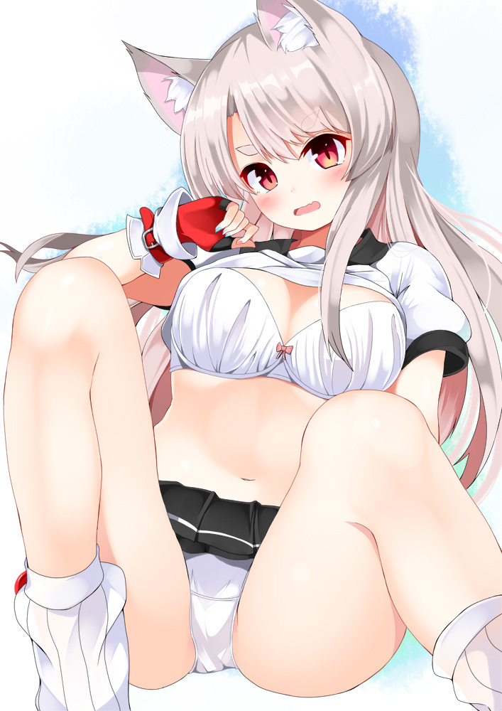 1girl animal_ear_fluff animal_ears azur_lane bangs black_skirt blue_nails bow bow_bra bra breasts cleavage eyebrows_visible_through_hair fang fingerless_gloves fingernails gloves hand_up hidaka0503 long_hair looking_at_viewer medium_breasts miniskirt multicolored multicolored_nails nail_polish navel open_mouth panties pink_bow pink_eyes pink_nails pleated_skirt puffy_short_sleeves puffy_sleeves shirt_lift short_sleeves silver_hair skirt solo tail thick_eyebrows underwear white_bra white_legwear white_panties wolf_ears wolf_girl wolf_tail yuudachi_(azur_lane)