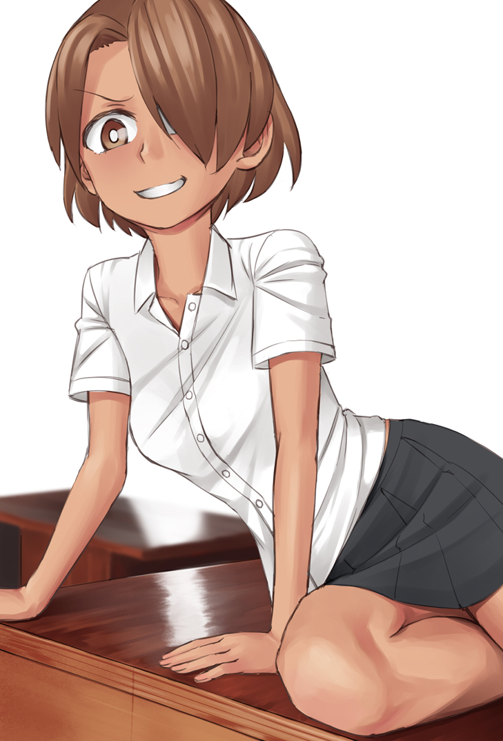 black_skirt brown_eyes brown_hair dark_skin desk easy_(aqk7bdqt) hair_over_one_eye looking_at_viewer on_desk school_uniform short_hair short_sleeves skirt smirk tokedase!_mizorechan