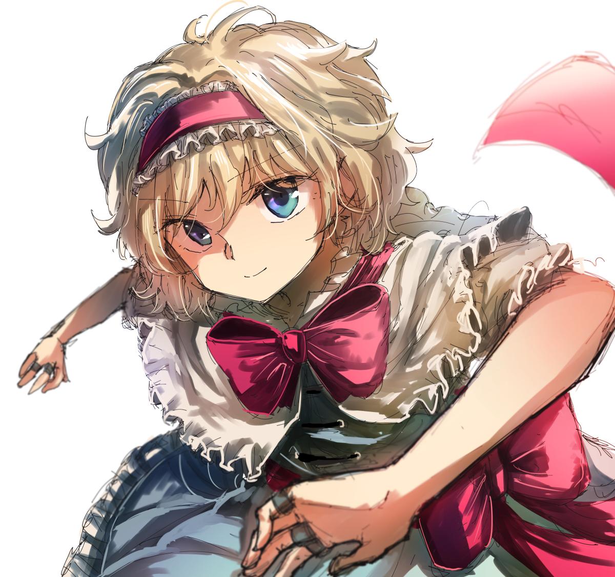 1girl alice_margatroid bangs blonde_hair blue_dress blue_eyes bow bowtie capelet closed_mouth commentary_request dress eyebrows_visible_through_hair frilled_capelet frilled_dress frilled_hairband frilled_sleeves frills hair_between_eyes hairband jewelry lolita_hairband looking_at_viewer mitsunara puffy_short_sleeves puffy_sleeves red_bow red_hairband red_neckwear red_sash ring sash short_hair short_sleeves simple_background sketch smile solo touhou white_background white_capelet