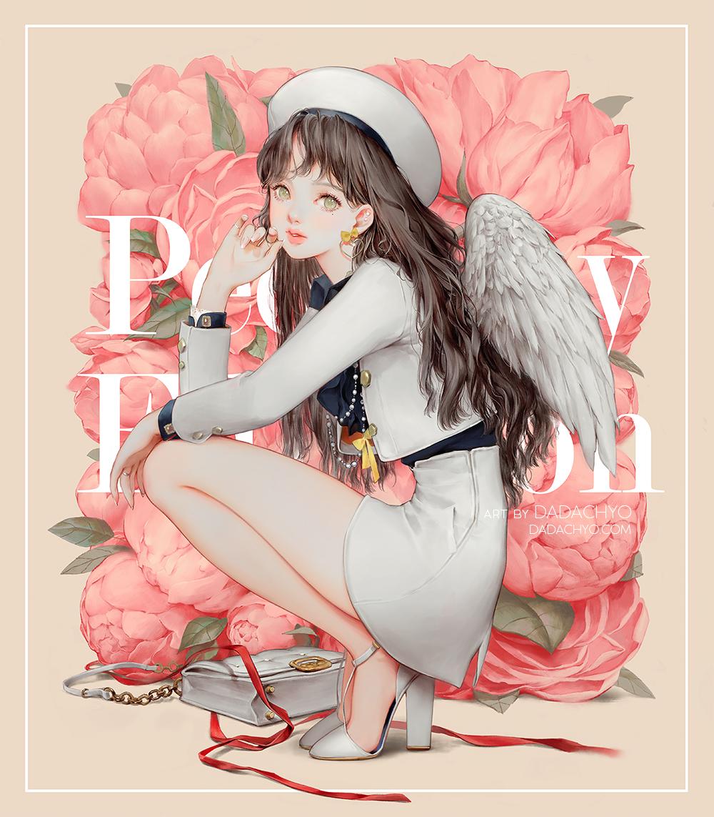 1girl angel_wings ankle_strap black_shirt border brown_hair cropped_jacket dadachyo earrings floral_background flower grey_eyes hat heart heart_earrings high_heels jacket jewelry lips long_hair looking_at_viewer miniskirt mole mole_under_eye necklace peony_(flower) ring shirt skirt solo squatting title watermark white_jacket white_skirt wings