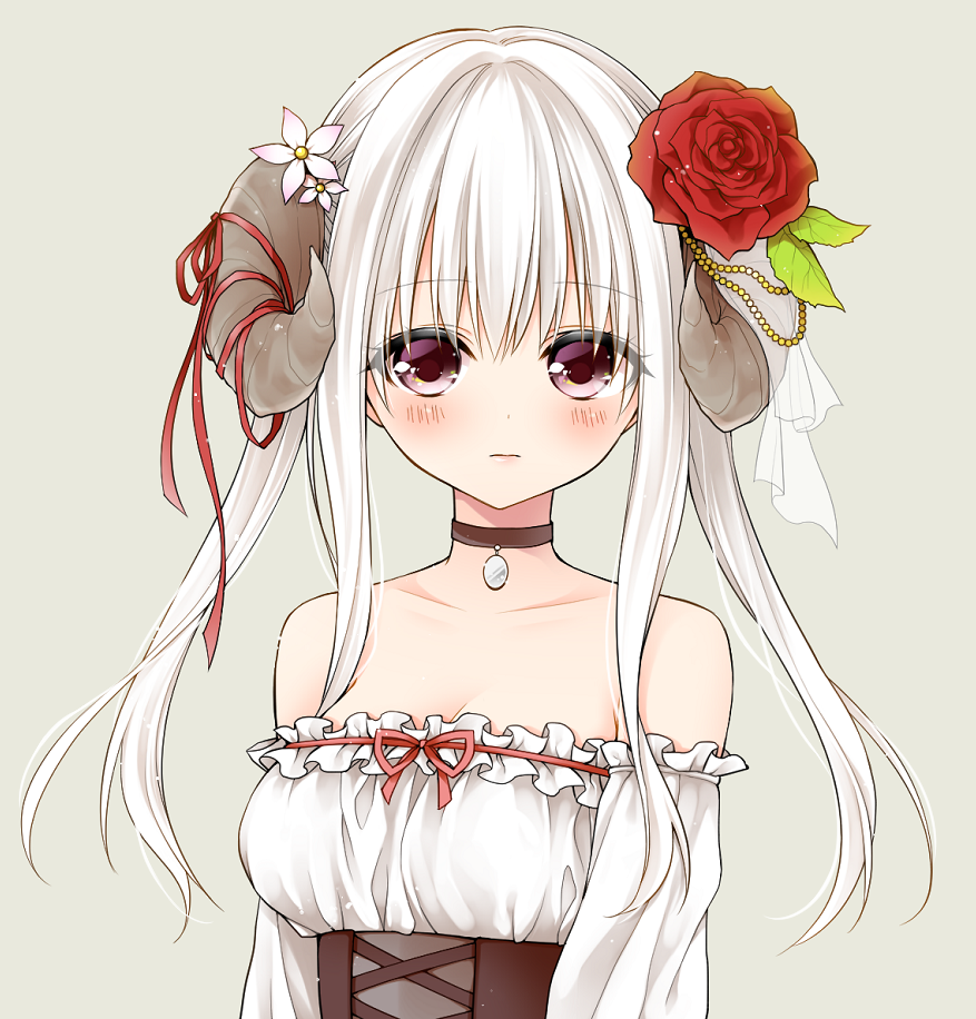 1girl arms_at_sides bangs bare_shoulders black_choker blush breasts choker collarbone demon_horns detached_sleeves dress expressionless eyebrows_visible_through_hair flower grey_background hair_between_eyes hair_flower hair_ornament horns jewelry looking_at_viewer medium_breasts nekonoyuto original pendant red_flower red_rose rose short_hair_with_long_locks sidelocks simple_background solo strapless strapless_dress underbust upper_body violet_eyes white_hair