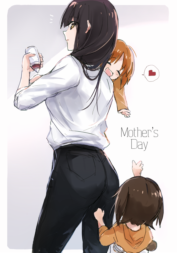 /\/\/\ 3girls :d ^_^ ass baby_bottle black_hair bottle brown_eyes brown_hair closed_eyes cowboy_shot family from_behind girls_und_panzer heart long_hair looking_back mother's_day mother_and_daughter multiple_girls nishizumi_maho nishizumi_miho nishizumi_shiho open_mouth orange_hair outside_border profile siblings simple_background sisters smile spoken_heart younger yuuyu_(777)