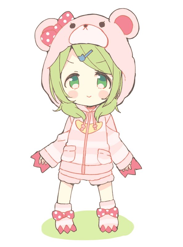 1girl :&gt; animal_ears animal_hood bangs bear_ears bear_hair_ornament bear_hood blush_stickers bow chibi closed_mouth colored_shadow commentary_request fake_animal_ears full_body green_eyes green_hair hair_ornament hairclip hood hood_up hooded_jacket jacket long_hair long_sleeves looking_at_viewer meito_(maze) morinaka_kazaki nijisanji no_shoes pink_jacket pink_shorts polka_dot polka_dot_bow red_bow shadow short_shorts shorts sidelocks sleeves_past_wrists smile socks solo standing striped striped_jacket striped_legwear swept_bangs v-shaped_eyebrows virtual_youtuber white_background