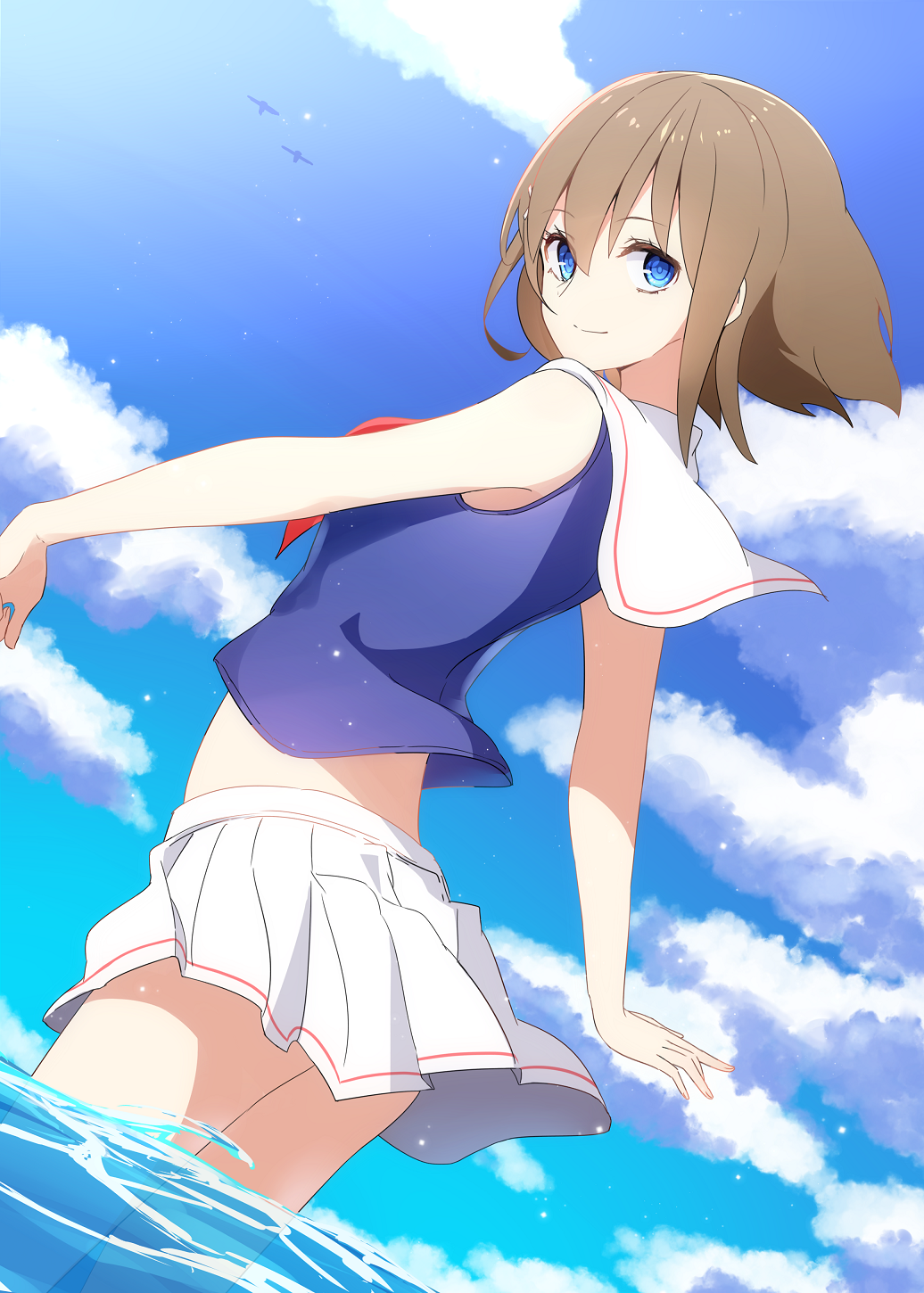 1girl aa_(sin2324) blue_eyes blue_sky brown_hair cowboy_shot dutch_angle hair_between_eyes highres kantai_collection looking_at_viewer maya_(kantai_collection) partially_submerged pleated_skirt sailor_collar school_uniform serafuku shirt short_hair skirt sky sleeveless sleeveless_shirt smile solo white_skirt