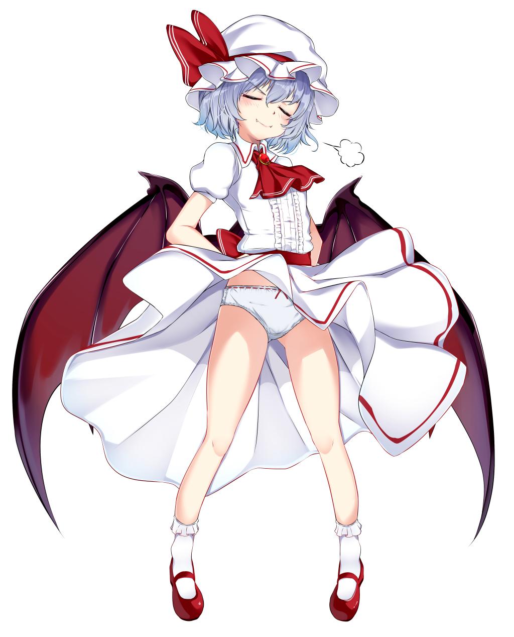 &gt;:) 1girl =3 ascot bangs bare_legs bat_wings blue_hair blush brooch closed_eyes commentary_request dress eyebrows_visible_through_hair fang fang_out full_body gluteal_fold hair_between_eyes hands_on_hips hat hat_ribbon head_tilt highres jewelry mary_janes mob_cap paburisiyasu panties pantyshot pantyshot_(standing) puffy_short_sleeves puffy_sleeves red_footwear red_neckwear red_ribbon red_sash remilia_scarlet ribbon sash shoes short_sleeves simple_background smile socks solo standing thighs touhou underwear v-shaped_eyebrows white_background white_dress white_headwear white_legwear white_panties wind wind_lift wings