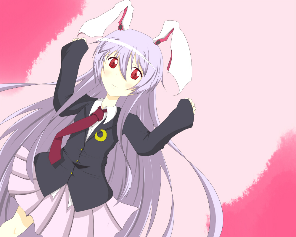 1girl animal_ears bangs buttons crescent crescent_moon_pin eyebrows_visible_through_hair hair_between_eyes lavender_hair long_hair long_sleeves looking_at_viewer necktie nintoku pink_background pleated_skirt rabbit_ears reisen_udongein_inaba shirt skirt smile solo touhou very_long_hair white_shirt