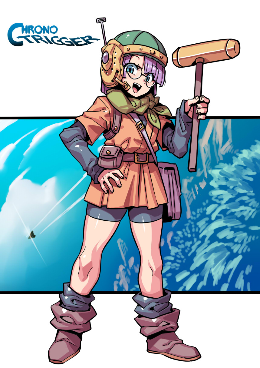 1girl bag bike_shorts blue_eyes boots chrono_trigger copyright_name glasses hammer helmet highres long_sleeves looking_at_viewer lucca_ashtear purple_hair satchel shirt short_hair smile solo tsuki_wani tunic weapon