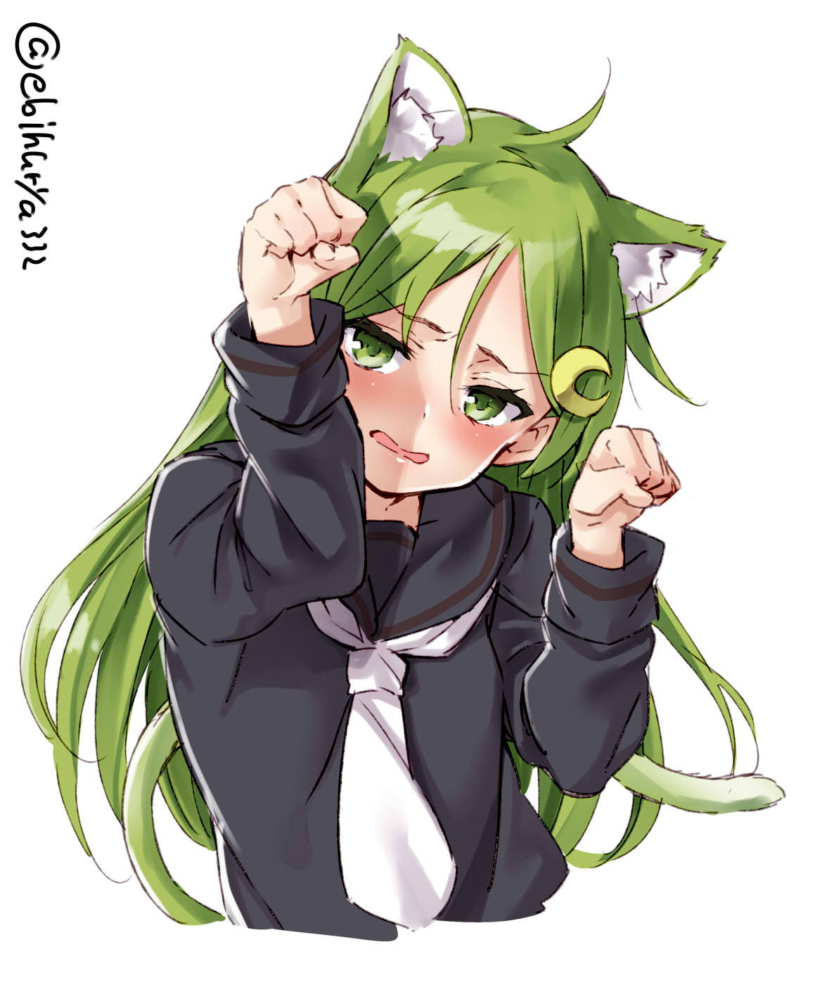 1girl animal_ears black_serafuku blush cat_ears cat_tail crescent crescent_hair_ornament crescent_moon_pin ebifurya green_eyes green_hair hair_ornament head_tilt highres kantai_collection kemonomimi_mode long_hair nagatsuki_(kantai_collection) necktie paw_pose school_uniform serafuku simple_background tail upper_body wavy_mouth white_neckwear