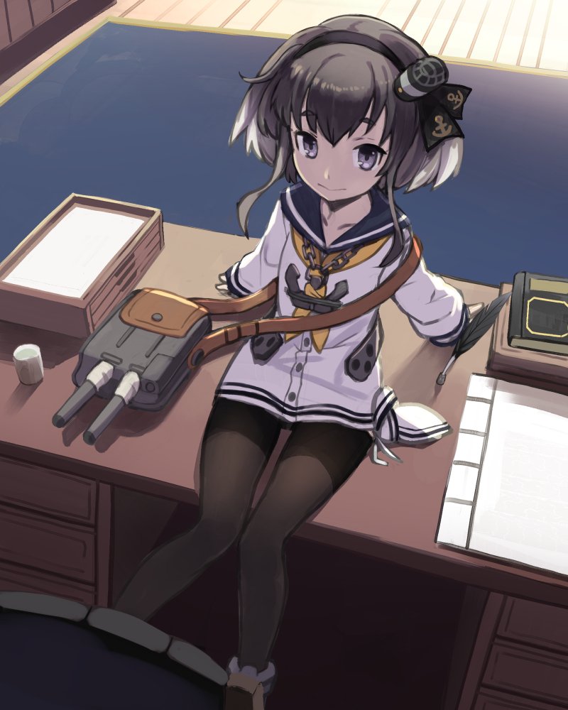 1girl adapted_turret anchor anchor_symbol black_hair black_legwear brown_eyes commentary_request desk dress gradient_hair hairband hat headgear kantai_collection long_hair looking_at_viewer mini_hat multicolored_hair neckerchief pantyhose sailor_collar sailor_dress short_hair short_hair_with_long_locks sidelocks sitting smile solo tokitsukaze_(kantai_collection) tokumaro turret two_side_up