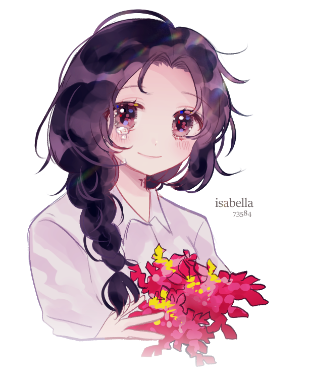 1girl black_hair blush braid chachaitea09 character_name closed_mouth eyes_visible_through_hair flower grey_eyes holding holding_flower isabella_(yakusoku_no_neverland) looking_at_viewer neck_tattoo red_flower shirt simple_background smile solo tattoo tears white_background white_skin yakusoku_no_neverland yellow_flower
