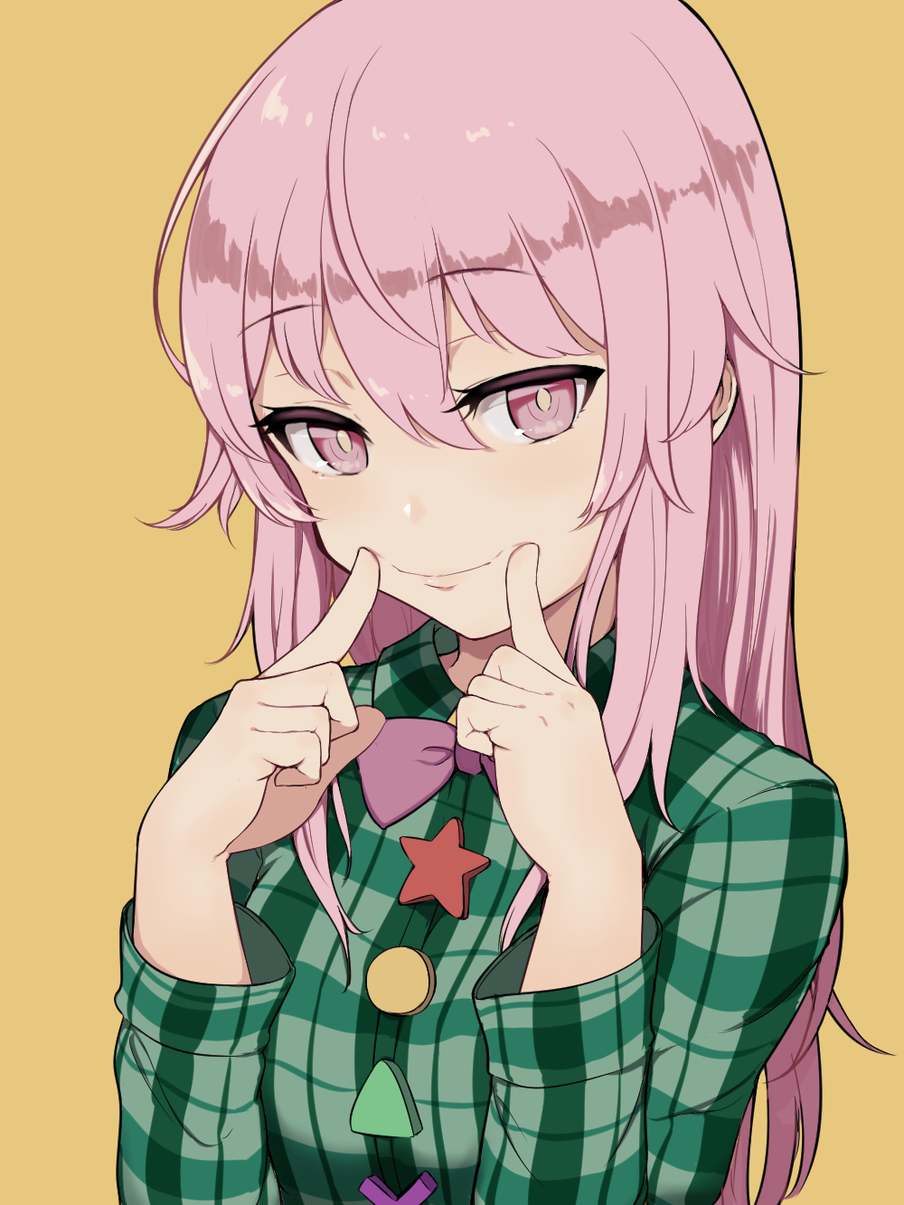 1girl bangs blush bow bowtie buttons circle commentary_request eyebrows_visible_through_hair fingersmile green_shirt hair_between_eyes hands_up hata_no_kokoro highres long_hair long_sleeves looking_at_viewer marsen pink_eyes pink_hair plaid plaid_shirt purple_bow purple_neckwear shirt sidelocks simple_background solo star touhou triangle upper_body x yellow_background