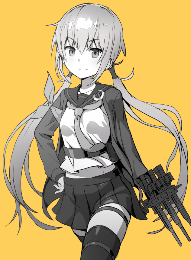 1girl bangs blush closed_mouth crescent crescent_moon_pin eyebrows_visible_through_hair greyscale hair_between_eyes hand_on_hip holding holding_weapon kantai_collection long_hair long_sleeves low_twintails monochrome navel neckerchief pleated_skirt remodel_(kantai_collection) sailor_collar satsuki_(kantai_collection) school_uniform serafuku skirt smile solo thigh-highs tktr33 twintails weapon yellow_background