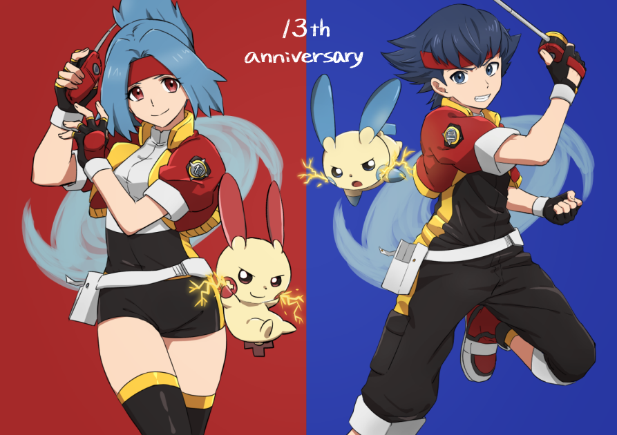 1boy 1girl anniversary black_hair blue_background blue_eyes blue_hair capture_styler clenched_hand closed_mouth creature creatures_(company) electricity english_text feet_out_of_frame game_freak gen_3_pokemon hinata_(pokemon) holding iruzu_(pixiv27236115) kazuki_(pokemon) looking_at_viewer minun nintendo plusle pokemon pokemon_(creature) pokemon_(game) pokemon_ranger pokemon_ranger_1 pokemon_ranger_uniform red_background red_eyes shoes sidelocks simple_background smile tied_hair uniform