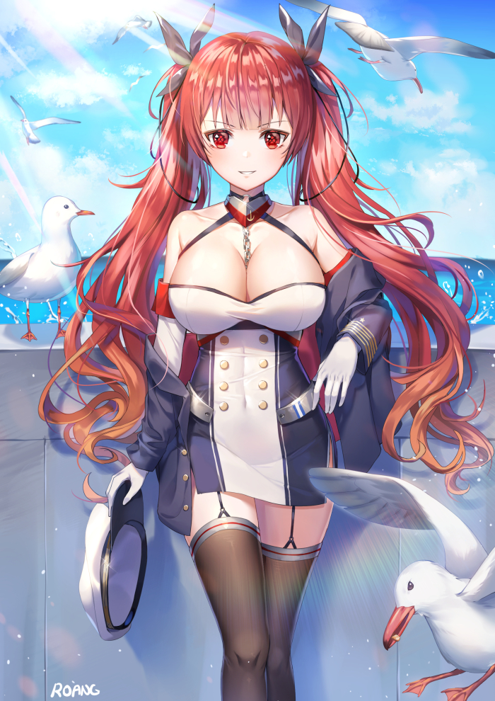 1girl animal artist_name azur_lane bare_shoulders bird black_jacket blue_sky breasts cleavage clouds cloudy_sky collarbone covered_navel day dress garter_straps gloves grin hair_ornament halter_dress hat hat_removed headwear_removed holding holding_hat honolulu_(azur_lane) horizon jacket large_breasts light_rays long_hair long_sleeves looking_at_viewer ocean off_shoulder open_clothes open_jacket outdoors peaked_cap red_eyes redhead roang seagull sky smile solo standing sunbeam sunlight thigh-highs twintails very_long_hair white_dress white_gloves zettai_ryouiki