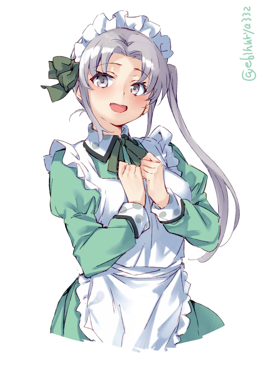 1girl ahoge akitsushima_(kantai_collection) alternate_costume apron bangs blush dress ebifurya enmaided eyebrows_visible_through_hair green_dress grey_hair hair_ornament hair_ribbon highres kantai_collection long_hair looking_at_viewer maid maid_apron maid_headdress open_mouth parted_bangs polka_dot ribbon side_ponytail sidelocks solo twitter_username upper_body violet_eyes