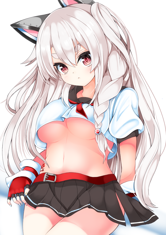 1girl :&lt; animal_ears azur_lane bangs black_sailor_collar black_skirt blue_nails braid breasts closed_mouth crop_top fingerless_gloves fingernails gloves hair_between_eyes hair_ornament hidaka0503 long_hair medium_breasts miniskirt multicolored multicolored_nails nail_polish no_bra paw_print pink_eyes pleated_skirt puffy_short_sleeves puffy_sleeves red_nails red_neckwear sailor_collar school_uniform serafuku shirt short_sleeves side_braid silver_hair skirt solo tattoo thick_eyebrows under_boob white_nails white_shirt wolf_ears yellow_nails yuudachi_(azur_lane)