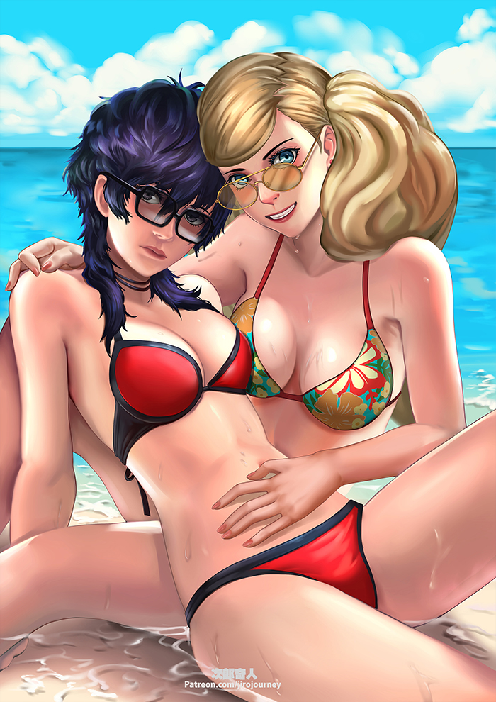 2girls amamiya_ren aqua_eyes arm_support asymmetrical_docking atlus bare_shoulders beach bikini black_hair blonde_hair breast_press breasts clouds day genderswap genderswap_(mtf) hands_on_stomach jiro-knightraider lips looking_at_viewer medium_hair megami_tensei navel outdoors partially_submerged persona persona_5 realistic sitting sky smile summer sunglasses swimsuit takamaki_anne water wet