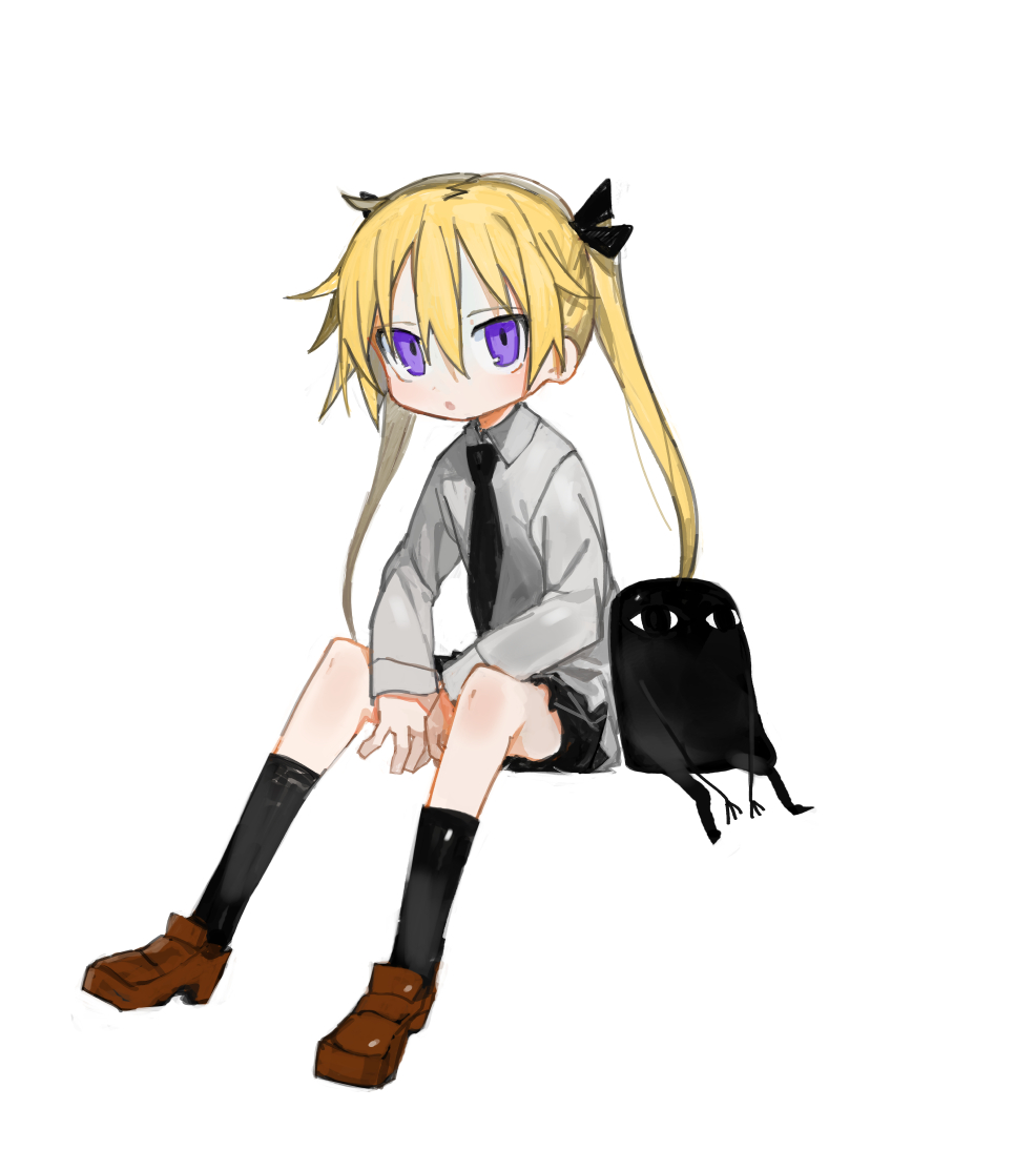 &lt;o&gt;_&lt;o&gt; 1girl :o bangs between_legs black_legwear black_neckwear black_ribbon black_skirt blonde_hair brown_footwear character_request collared_shirt copyright_request creature dot_nose expressionless foot_dangle from_side full_body grey_shirt hair_between_eyes hair_ornament hair_ribbon hand_between_legs invisible_chair kill_me_baby kneehighs loafers long_hair long_sleeves looking_at_viewer necktie parted_lips pleated_skirt ribbon school_uniform shirt shoes simple_background sitting skirt sleeve_cuffs sonya_(kill_me_baby) tsurime twintails uniform violet_eyes white_background wing_collar