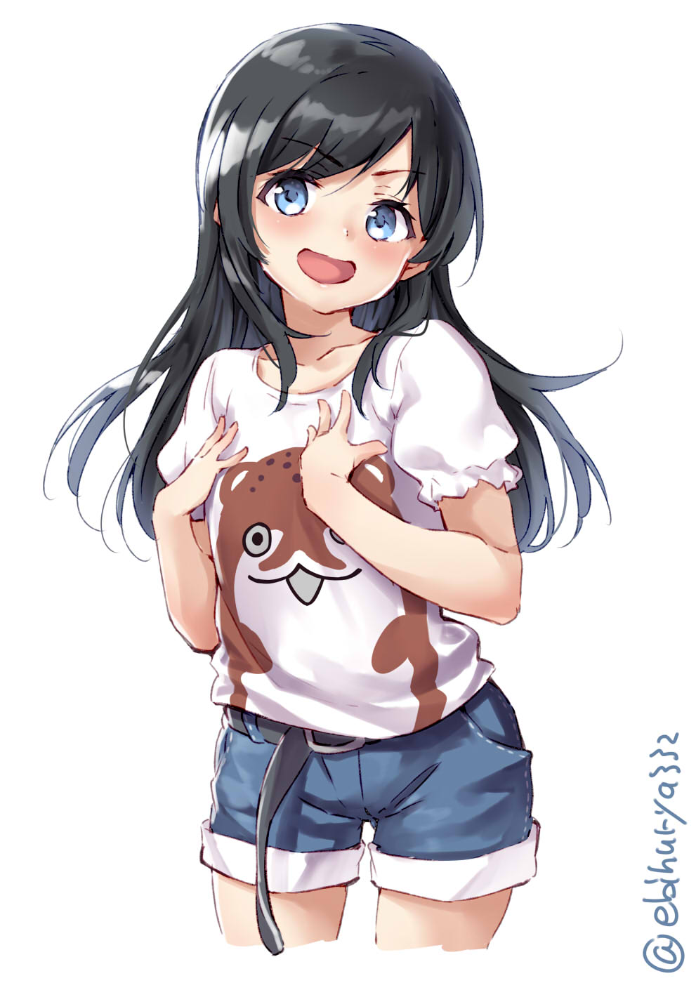 1girl alternate_costume asashio_(kantai_collection) belt black_belt black_hair blue_eyes blue_shorts bokukawauso buckle casual collarbone commentary_request denim denim_shorts ebifurya hands_on_own_chest highres kantai_collection long_hair looking_at_viewer mascot open_mouth otter shirt shorts simple_background smile solo t-shirt twitter_username white_background
