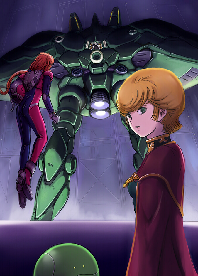 ass bodysuit breasts brown_hair cape commentary_request gacha-m gloves green_eyes gundam gundam_unicorn haro helmet long_hair looking_at_viewer marida_cruz mecha military military_uniform mineva_lao_zabi multiple_girls open_mouth orange_hair pilot_suit ponytail short_hair uniform