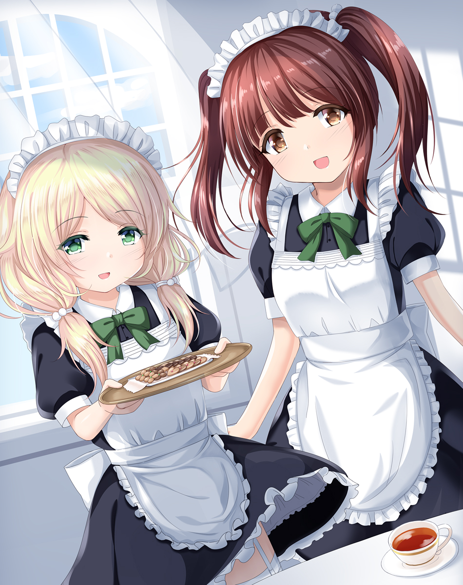 2girls :d alternate_costume apron black_dress blonde_hair blue_sky blush bow breasts brown_eyes brown_hair clouds collared_dress commentary_request cookie cup curtains day dress dutch_angle enmaided food frilled_apron frills garter_straps green_bow green_eyes hair_ornament hair_over_shoulder highres holding holding_tray idolmaster idolmaster_cinderella_girls indoors long_hair looking_at_viewer low_twintails maid maid_apron maid_headdress multiple_girls ogata_chieri open_mouth puffy_short_sleeves puffy_sleeves saucer short_sleeves sky small_breasts smile tea teacup thigh-highs transparent tray twintails u2_(5798239) white_apron white_legwear window yusa_kozue