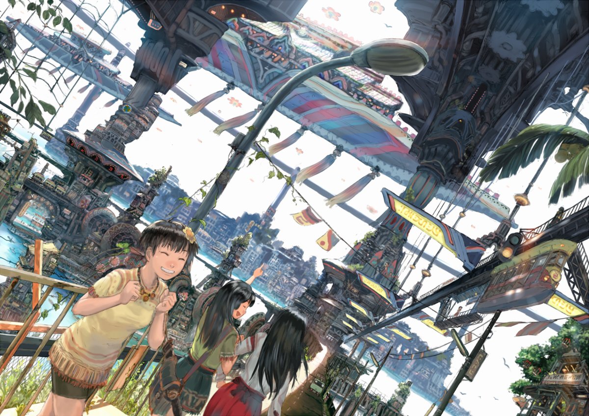 3girls black_hair building cityscape closed_eyes commentary_request day flag flower from_behind gondola hair_flower hair_ornament island lamppost multiple_girls original outdoors palm_tree river road scenery ship signal_lamp skyline smile teikoku_shounen tree walkway watercraft