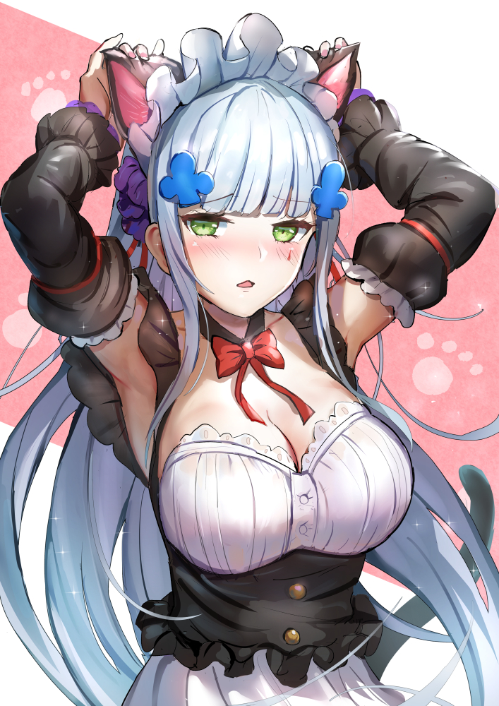 1girl :o animal_ears armpits arms_up bangs blunt_bangs blush bow bowtie breasts cat_ears cat_tail cleavage commentary detached_collar detached_sleeves dress eyebrows_visible_through_hair facial_mark frilled_sleeves frills frown girls_frontline green_eyes hair_ornament hk416_(girls_frontline) large_breasts light_particles long_hair looking_at_viewer maid maid_headdress qian_wu_atai red_neckwear silver_hair solo sparkle tail teardrop tsurime upper_body very_long_hair