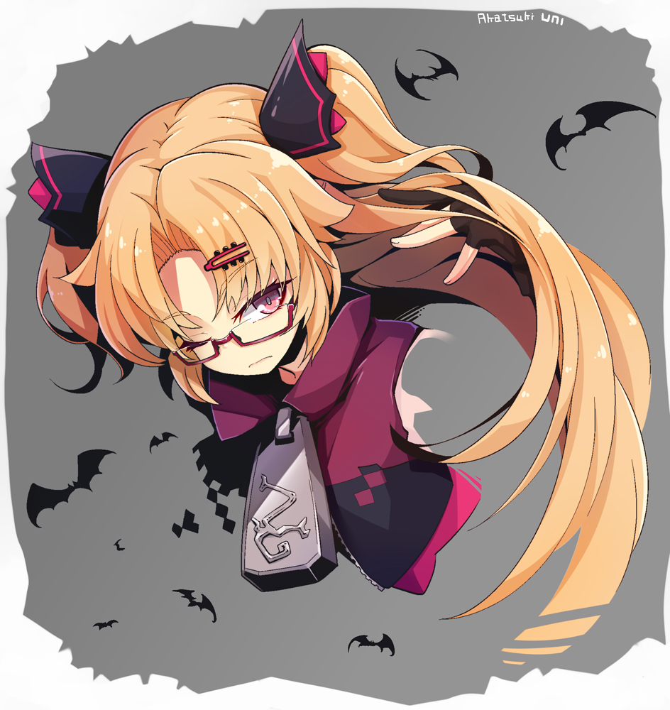 1girl akatsuki_yuni animal arm_up bangs bat black_gloves blonde_hair character_name eyebrows_visible_through_hair fingernails gloves grey_background hair_ornament hairclip hand_in_hair hand_up long_hair looking_at_viewer ogami_kazuki one_eye_closed parted_bangs partly_fingerless_gloves red_eyes solo two-tone_background two_side_up uni_channel very_long_hair virtual_youtuber white_background zipper_pull_tab