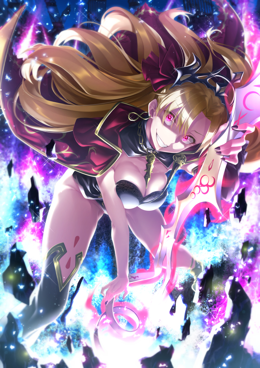 asymmetrical_legwear asymmetrical_sleeves aura bangs between_breasts black_cape black_legwear blonde_hair breasts buckle cape cleavage crazy_eyes crazy_smile detached_collar earrings ereshkigal_(fate/grand_order) fate/grand_order fate_(series) fur-trimmed_cape fur_trim hair_ribbon highres holding holding_weapon infinity jewelry ken_ill long_hair looking_at_viewer multicolored multicolored_cape multicolored_clothes nail_polish necklace parted_bangs purple_nails red_cape red_eyes ribbon single_sleeve single_thighhigh skull smile solo spine thigh-highs tiara two_side_up weapon yellow_cape