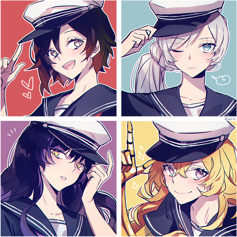 4girls black_hair blake_belladonna blonde_hair dress ecru hat multiple_girls one_eye_closed peaked_cap prosthesis prosthetic_arm redhead ruby_rose rwby sailor_collar sailor_dress sailor_senshi_uniform scar scar_across_eye weiss_schnee white_hair yang_xiao_long