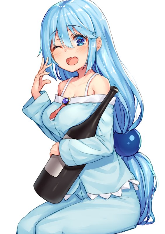 1girl alcohol aqua_(konosuba) bare_shoulders blue_hair blue_legwear blue_shirt blush breasts commentary_request dot_nose eyebrows_visible_through_hair hair_between_eyes hair_ornament happy kono_subarashii_sekai_ni_shukufuku_wo! long_hair long_sleeves looking_at_viewer medium_breasts one_eye_closed open_mouth pensuke shirt simple_background sleepwear solo very_long_hair white_background