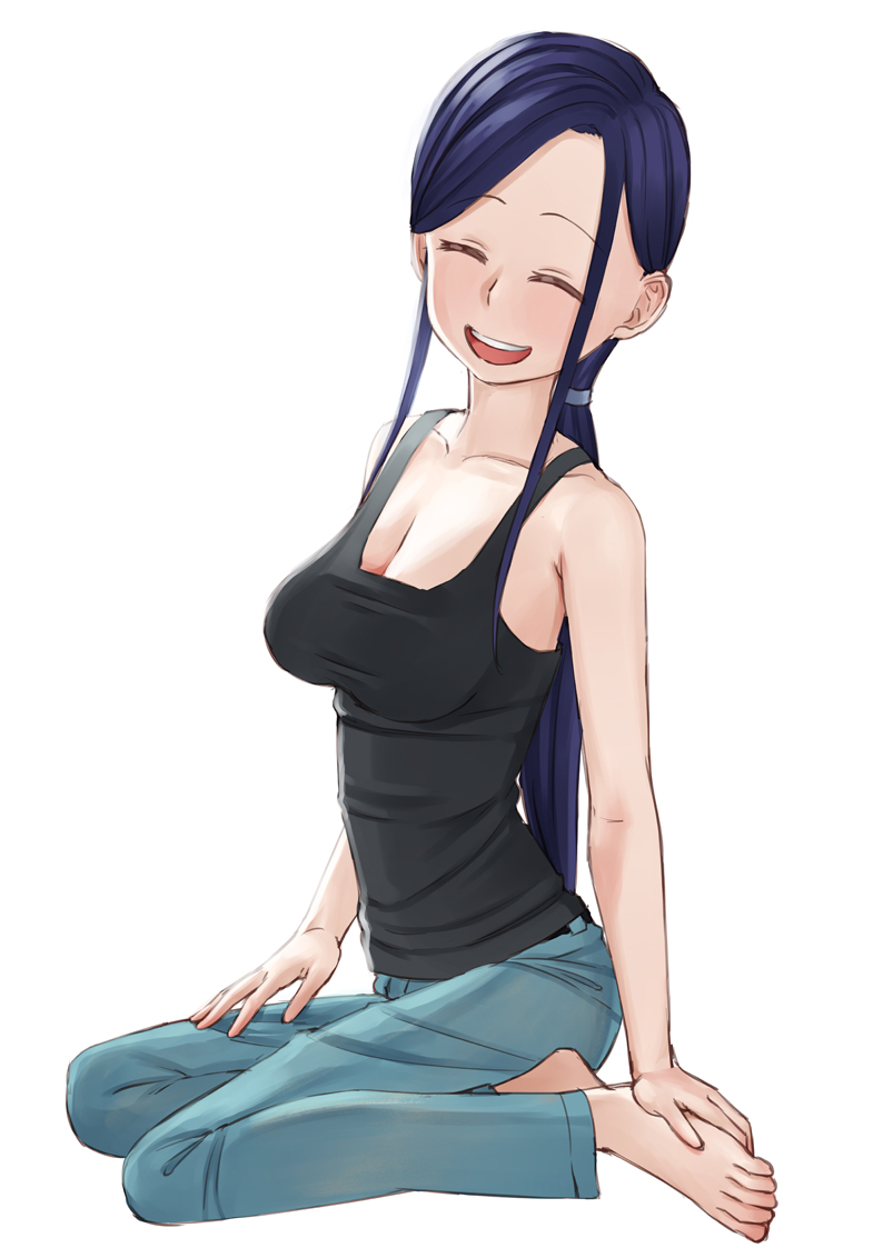 1girl barefoot blue_hair breasts cleavage closed_eyes denim easy_(aqk7bdqt) facing_viewer jeans long_hair low_ponytail medium_breasts open_mouth pants sidelocks simple_background sitting smile solo tokedase!_mizorechan very_long_hair white_background
