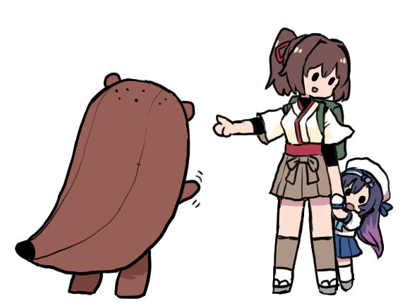 2girls backpack bag black_hair blue_skirt bokukawauso brown_hair brown_hakama full_body gloves gradient_hair hair_ribbon hakama hiding ise_(kantai_collection) japanese_clothes kantai_collection kneehighs long_hair mascot matsuwa_(kantai_collection) multicolored_hair multiple_girls neckerchief otter pleated_skirt pointing ponytail purple_hair ribbon sandals school_uniform serafuku short_hair skirt solid_oval_eyes standing terrajin white_gloves white_legwear