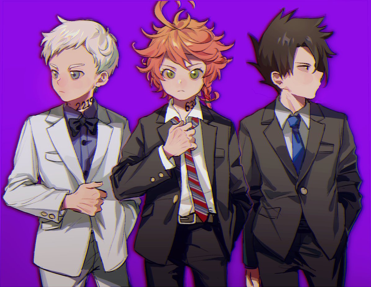 1girl 2boys ahoge belt black_hair blue_eyes blue_shirt bow bowtie buttons closed_mouth emma_(yakusoku_no_neverland) formal green_eyes grey_shirt holding jacket ke02152 long_sleeves looking_at_viewer looking_to_the_side multiple_boys neck_tattoo necktie norman_(yakusoku_no_neverland) number_tattoo orange_hair pants purple_background ray_(yakusoku_no_neverland) shirt short_hair simple_background suit tattoo white_hair white_shirt yakusoku_no_neverland