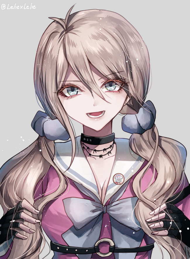 1girl alternate_hairstyle antenna_hair artist_name barbed_wire black_gloves blonde_hair blue_eyes blue_scrunchie bow breasts choker cleavage commentary_request dangan_ronpa eyebrows_visible_through_hair fingerless_gloves gloves grey_background hair_between_eyes hair_ornament hair_scrunchie iruma_miu long_hair looking_at_viewer medium_breasts new_dangan_ronpa_v3 o-ring open_mouth scrunchie simple_background solo twitter_username z-epto_(chat-noir86)