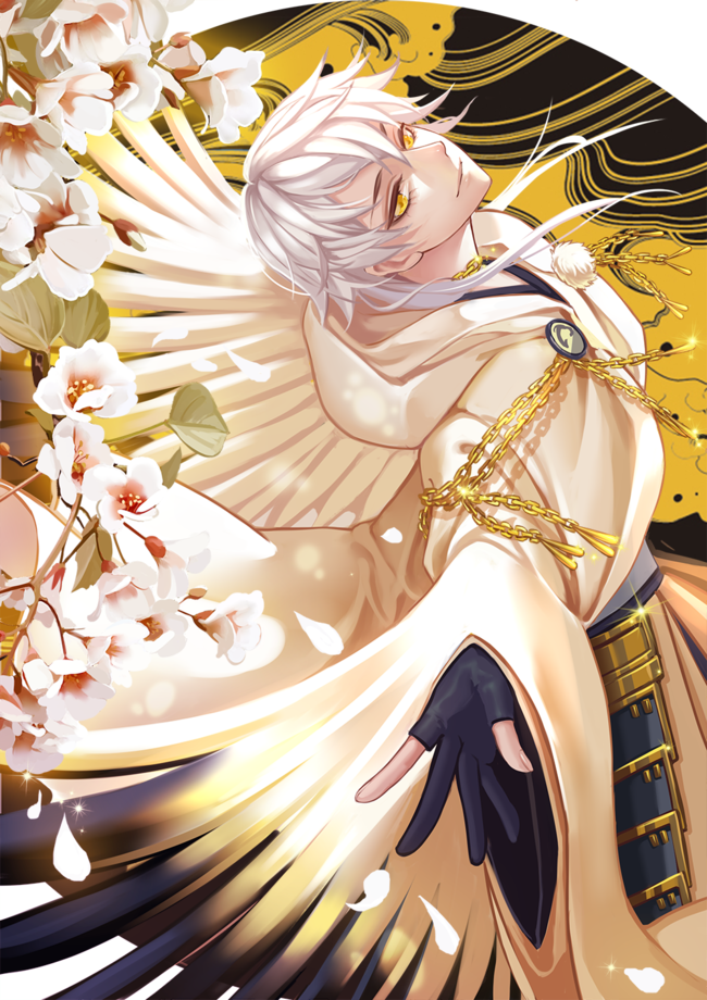 1boy ana_bi armor black_gloves chains commentary_request flower from_above gloves hood hood_down japanese_armor japanese_clothes kusazuri male_focus outstretched_arm partly_fingerless_gloves petals pom_pom_(clothes) solo touken_ranbu tsurumaru_kuninaga white_flower white_hair wide_sleeves yellow_eyes