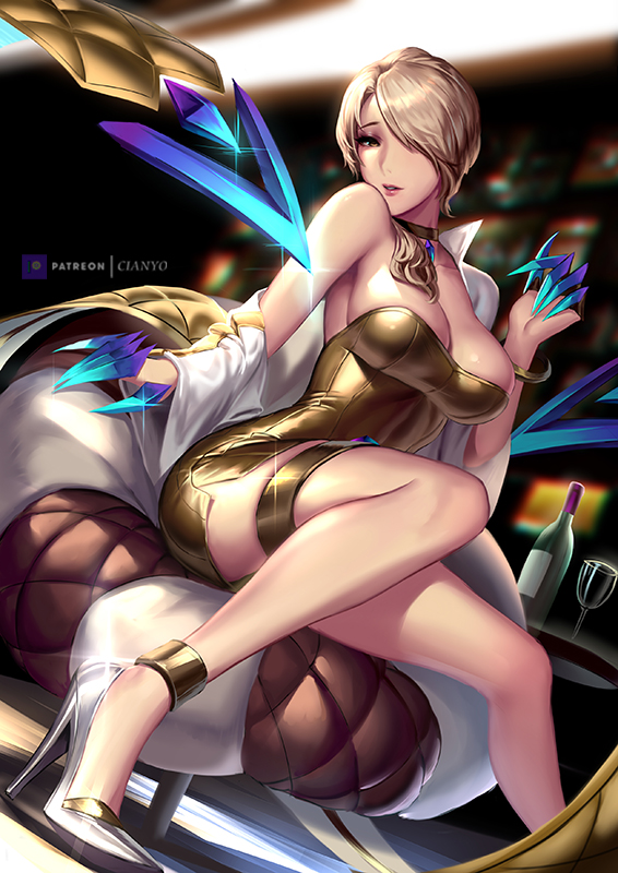 1girl bare_shoulders blonde_hair bottle breasts choker cian_yo claws collarbone cup drinking_glass evelynn foreshortening hair_over_one_eye high_heels k/da_(league_of_legends) large_breasts league_of_legends long_hair looking_at_viewer parted_lips side_slit sitting skindentation solo thigh_strap weapon wine_bottle wine_glass yellow_eyes